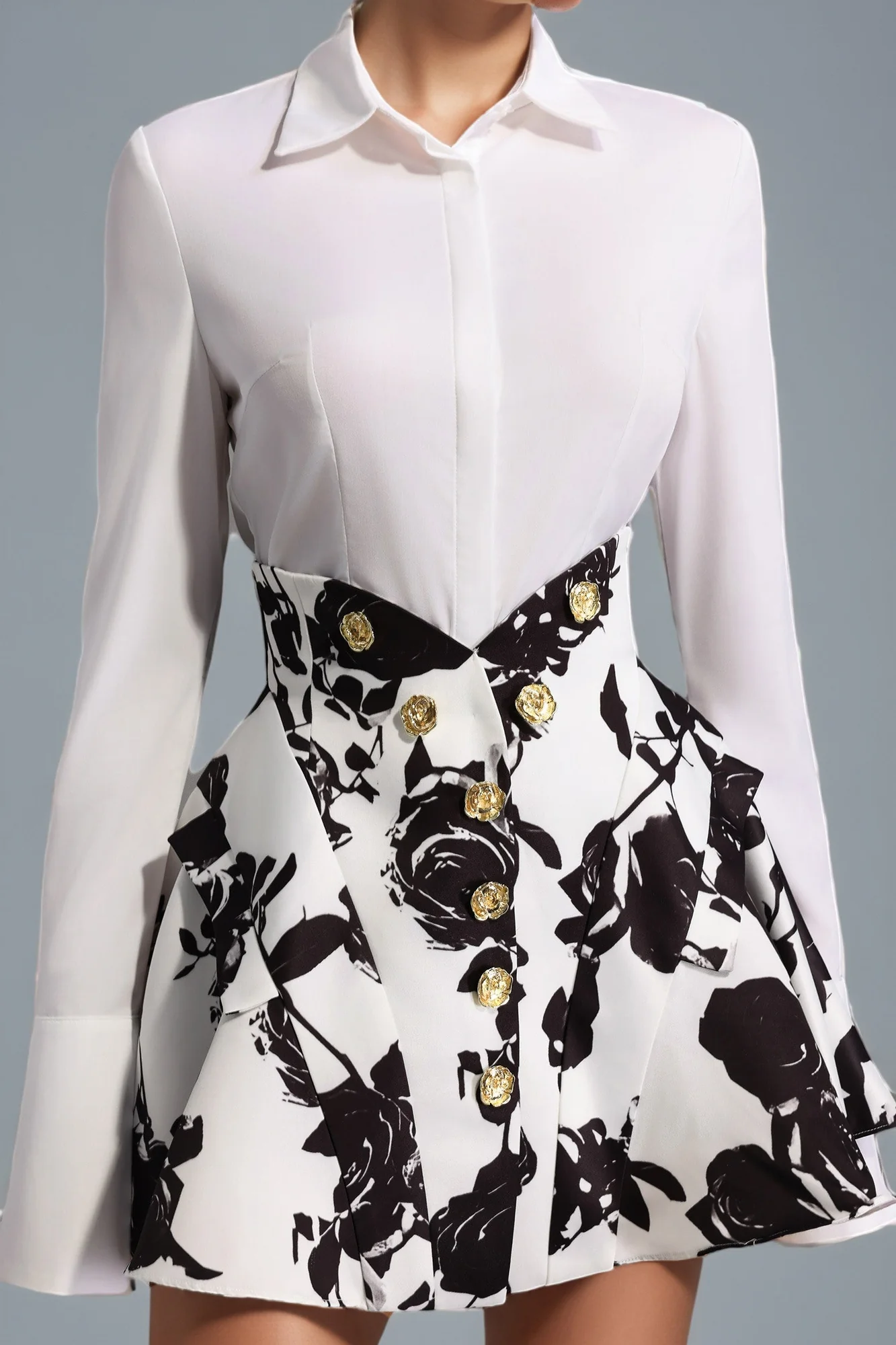 Floral Print Waistline Skirt Set in Black