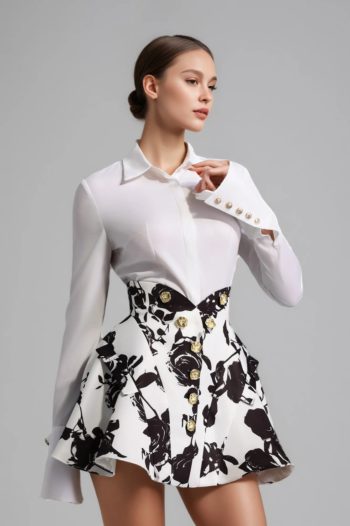 Floral Print Waistline Skirt Set in Black