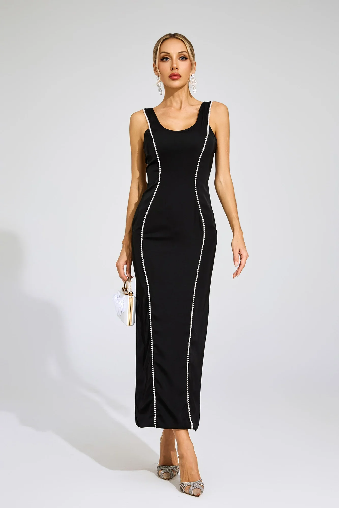 Black Pearls Sleeveless Maxi Dress - Elegant Bandage Silhouette