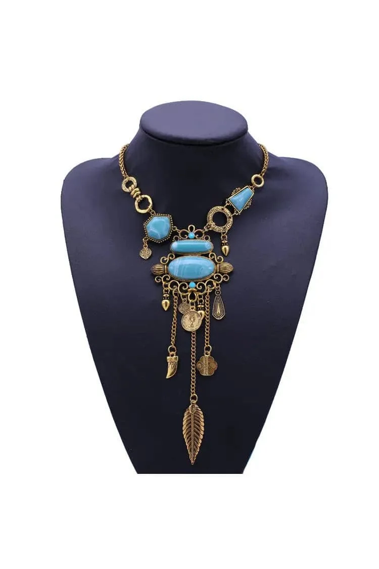 Exotic Blue Gemstone Tassel Necklace - One Size