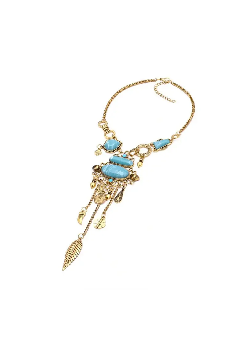 Exotic Blue Gemstone Tassel Necklace - One Size
