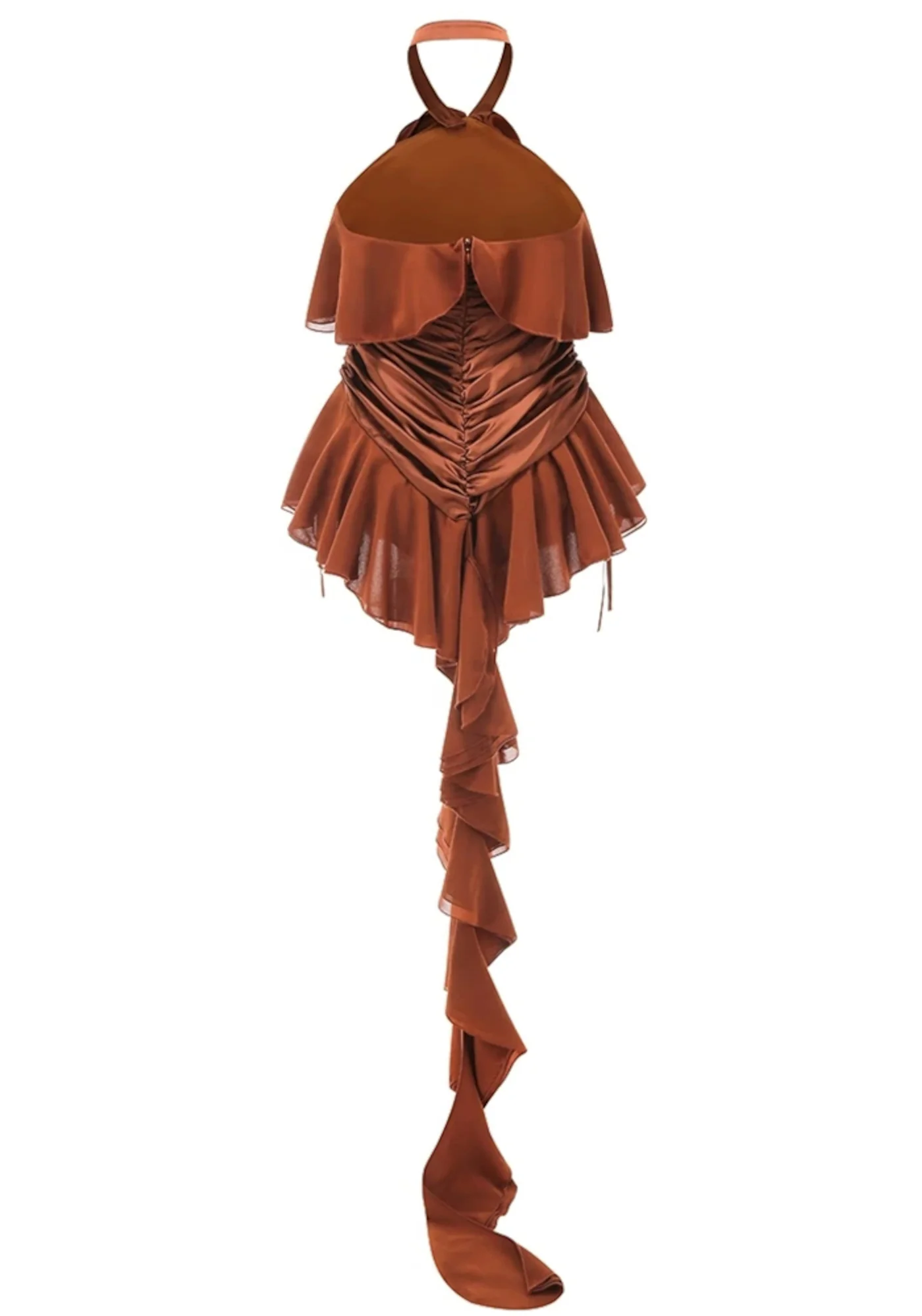 Brown Halter Floral Mini Dress - Ruffle Ruched Design