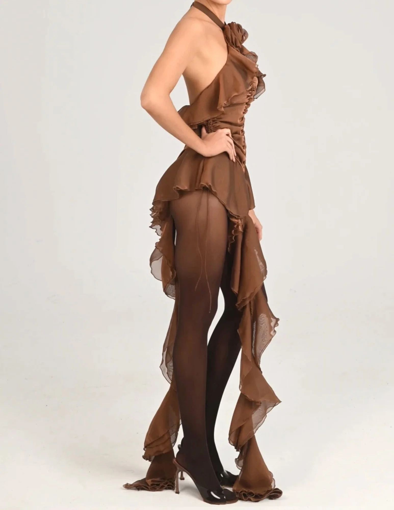 Brown Halter Floral Mini Dress - Ruffle Ruched Design