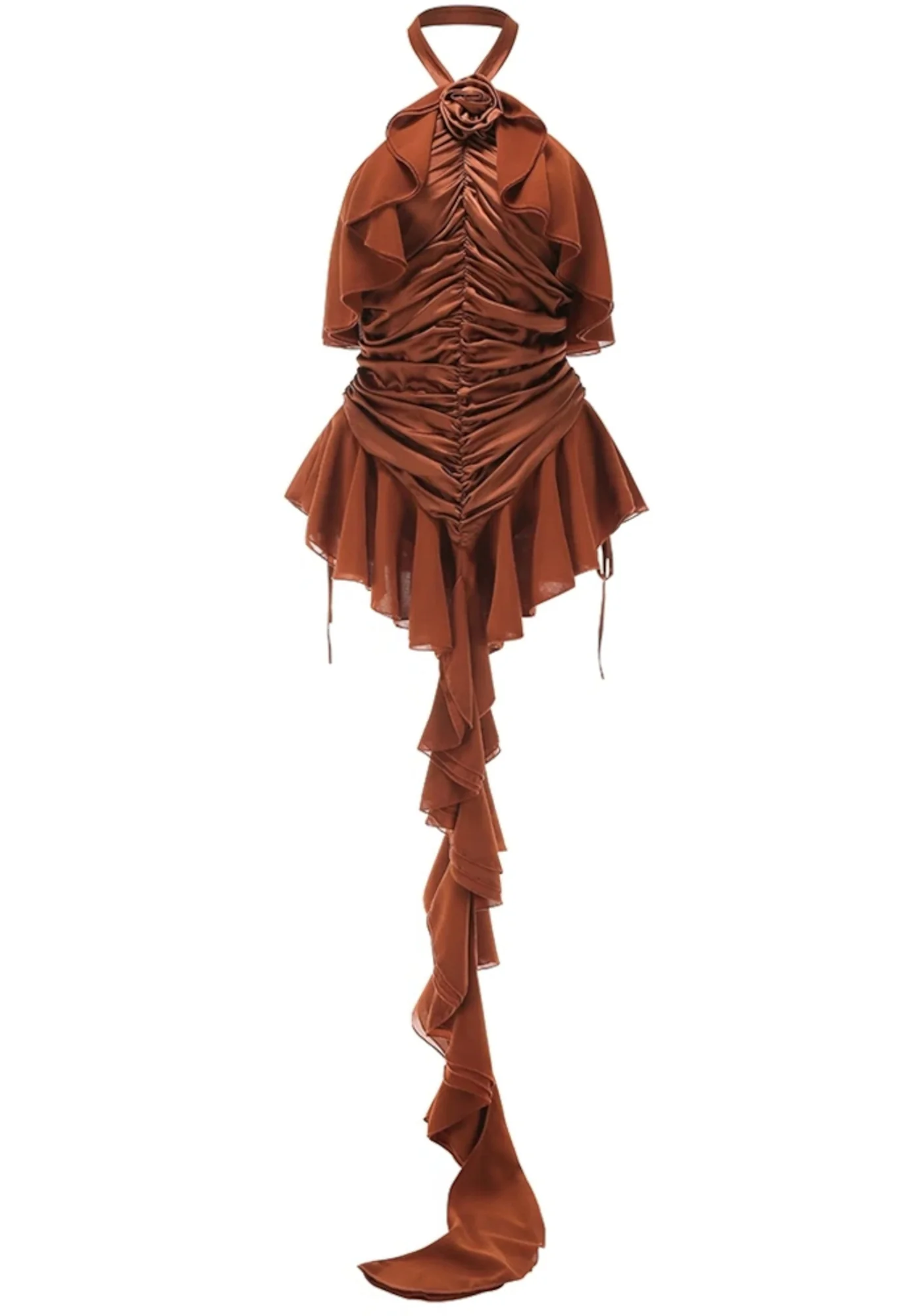 Brown Halter Floral Mini Dress - Ruffle Ruched Design