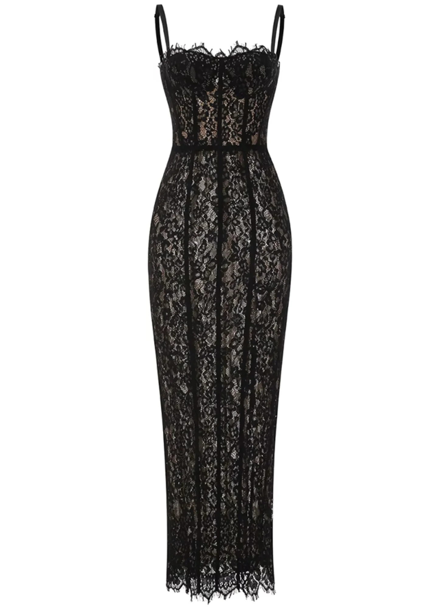 Black Lace Bustier Maxi Dress with Adjustable Straps