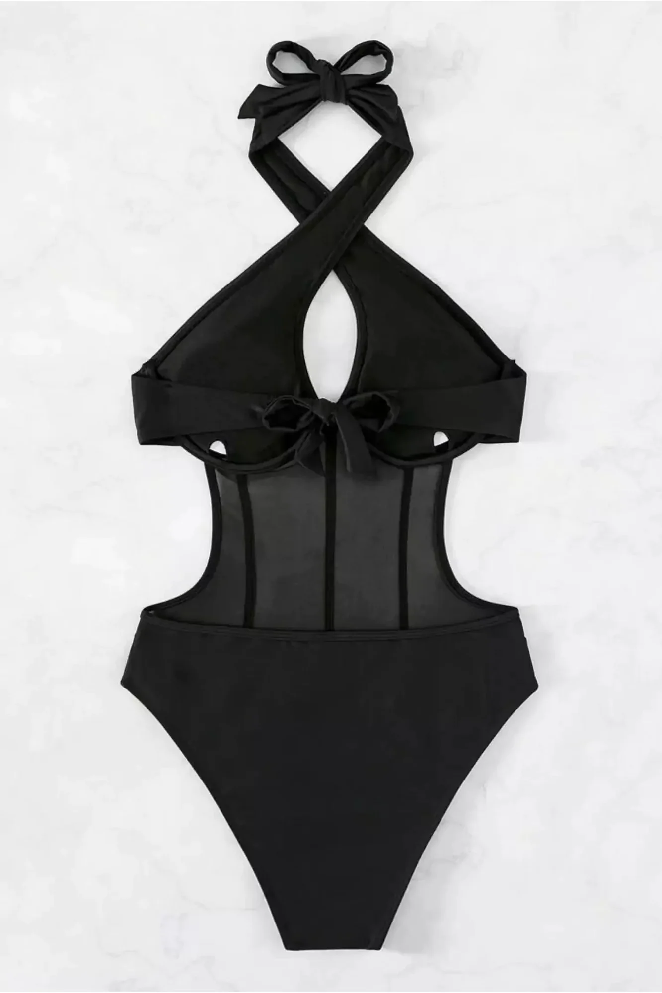 Black Halter Mesh One Piece Swimsuit - Elegant Aruba Beachwear