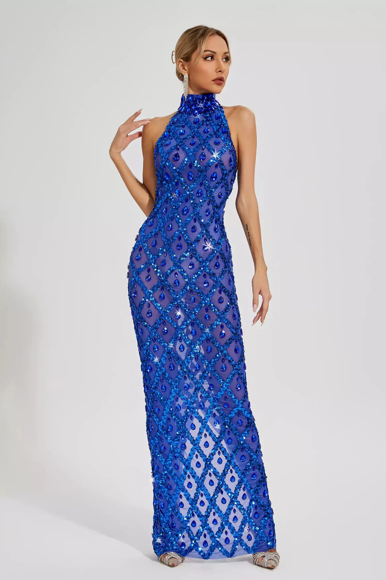 Blue Diamond Sleeveless Maxi Dress - Elegant Evening Wear