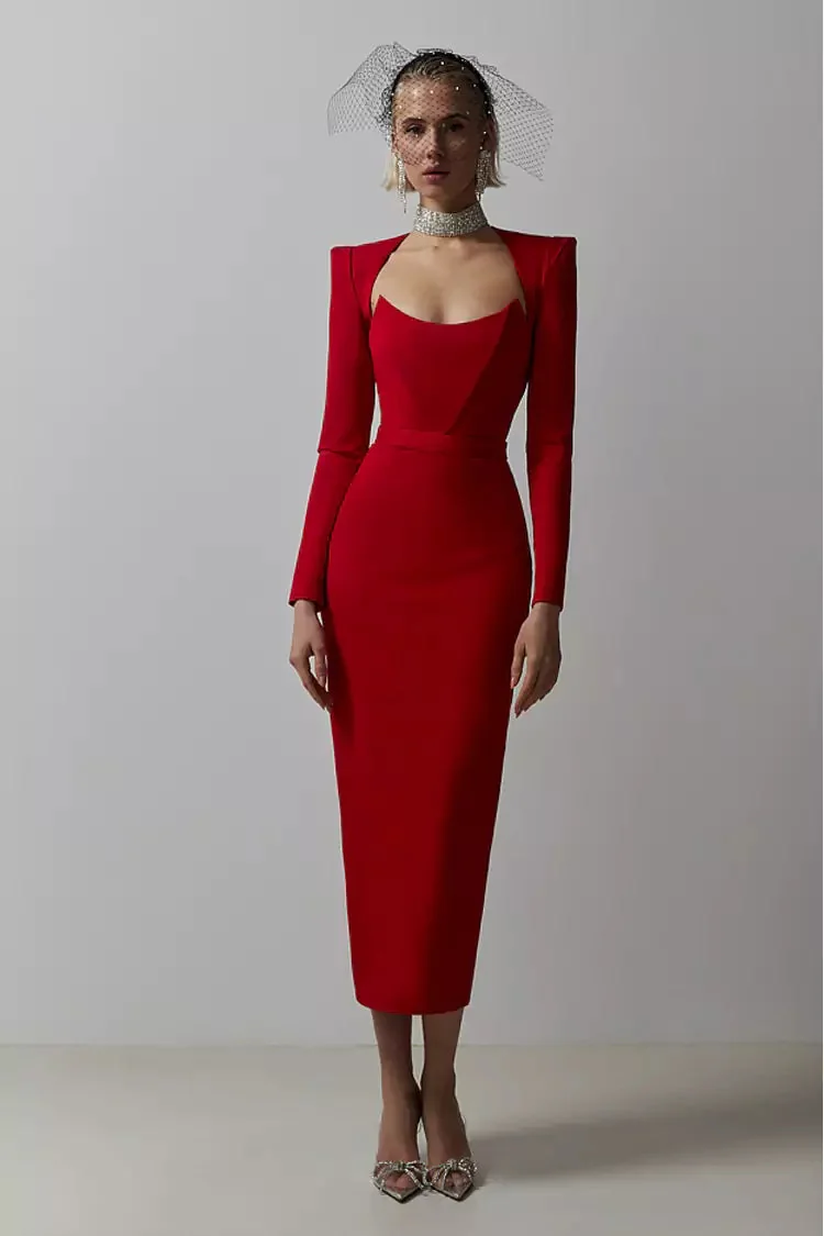 Red Bandage Midi Work Dress - Elegant Knee-Length Style