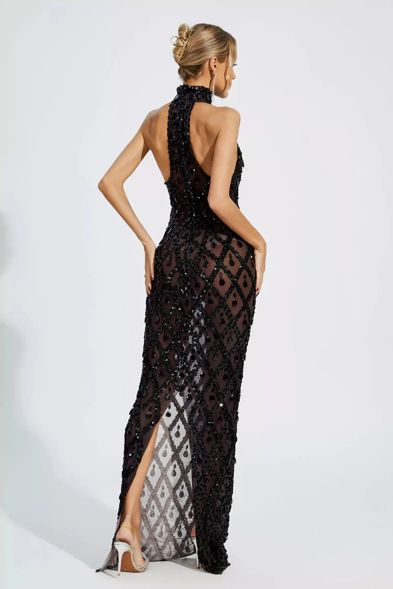 Elegant Black Diamond Sleeveless Maxi Dress