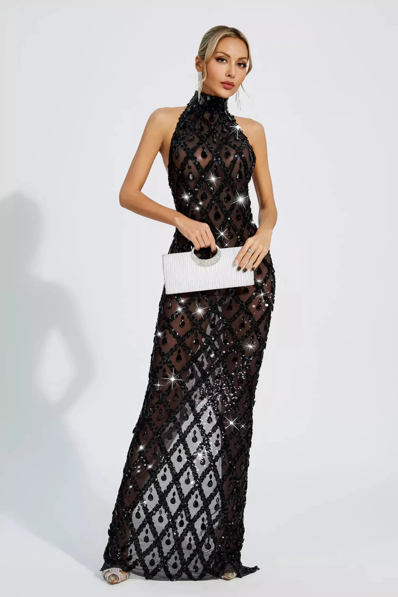 Elegant Black Diamond Sleeveless Maxi Dress