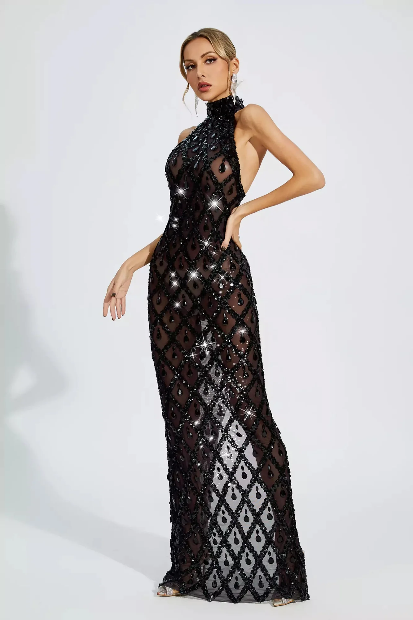Elegant Black Diamond Sleeveless Maxi Dress