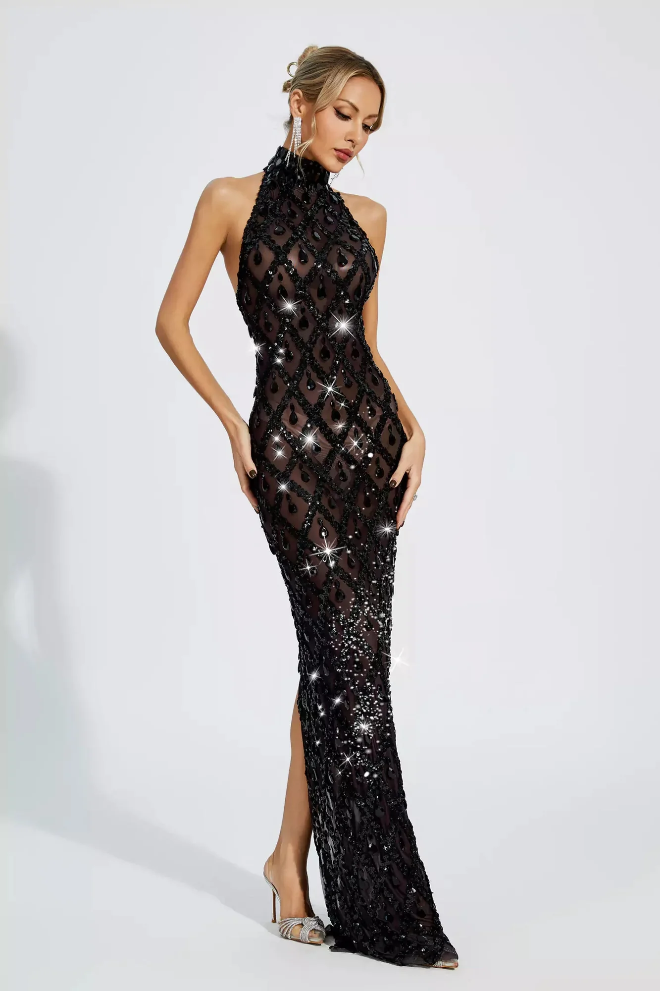 Elegant Black Diamond Sleeveless Maxi Dress