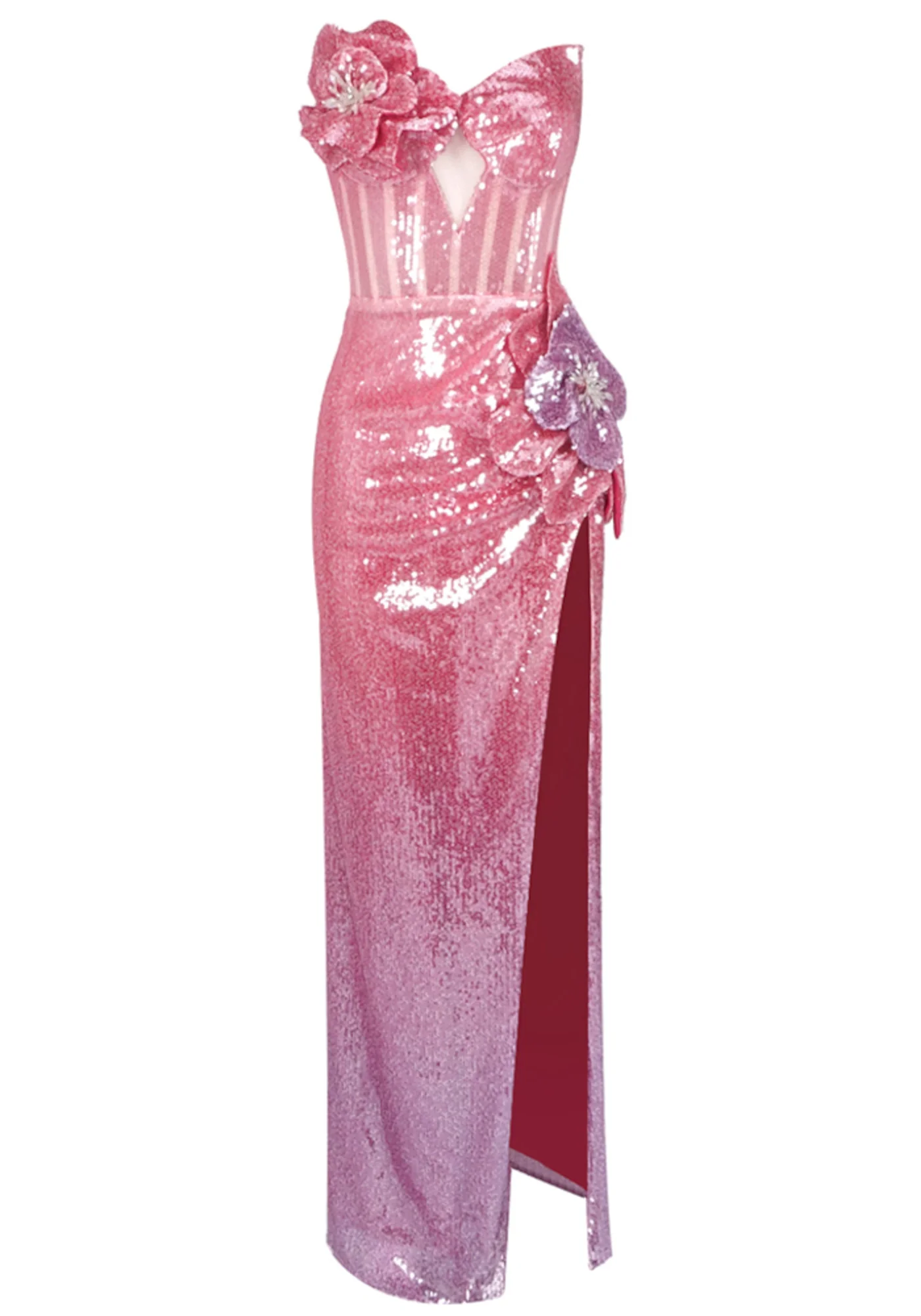 Pink Floral Sequin Strapless Maxi Dress for Women