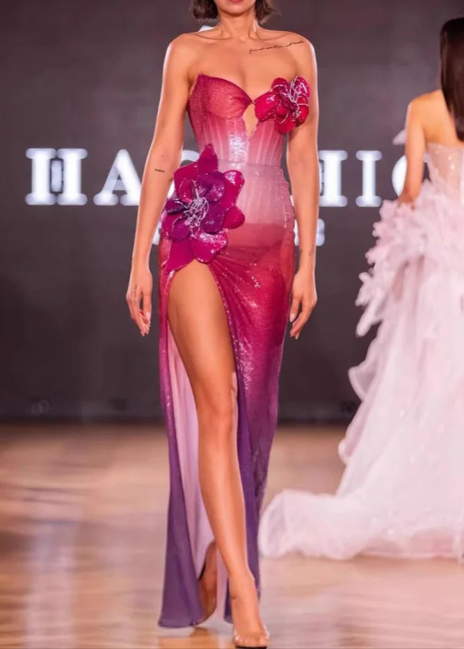 Pink Floral Sequin Strapless Maxi Dress for Women