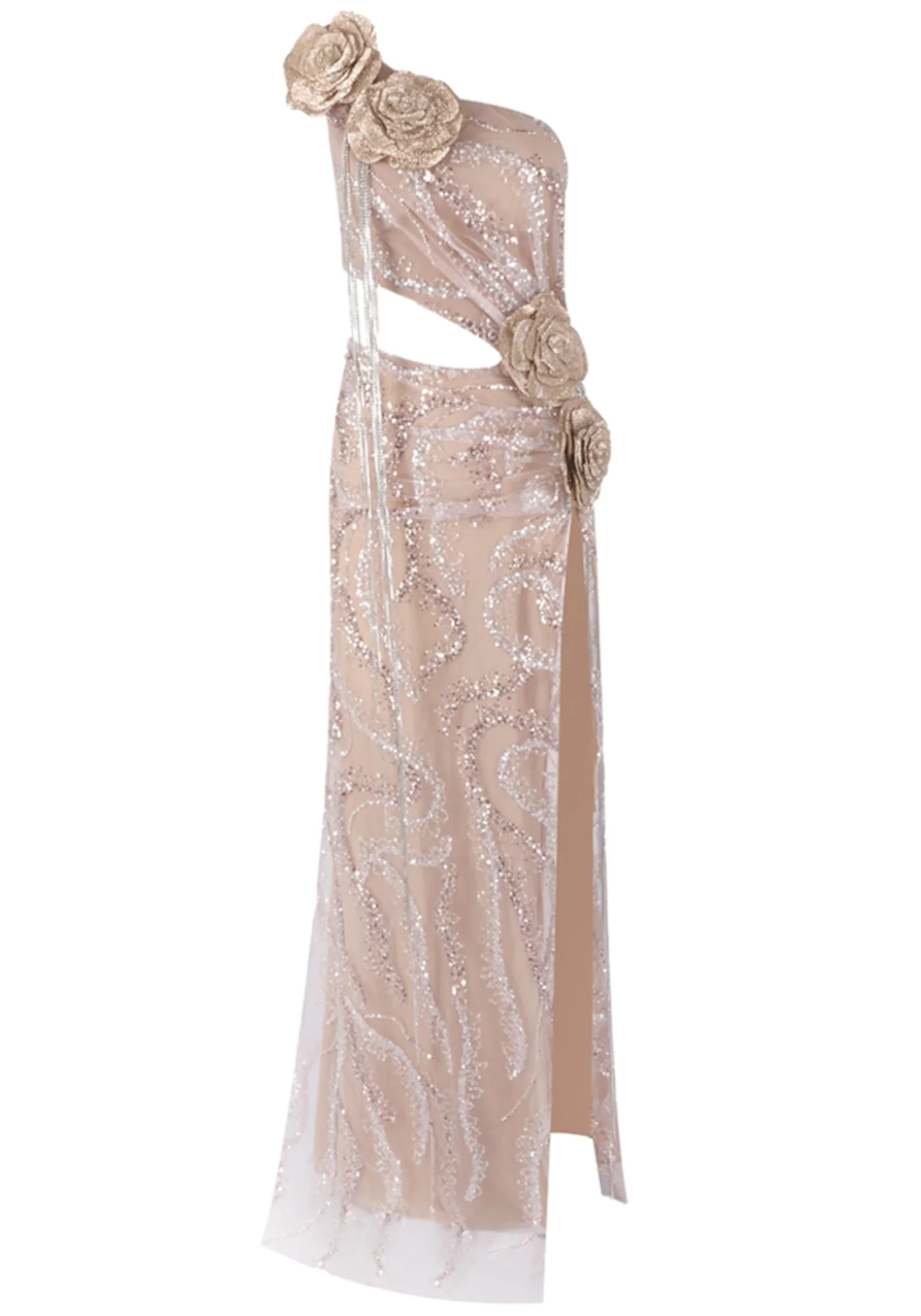 Nude Sequin One Shoulder Maxi Dress - Elegant Floral Design