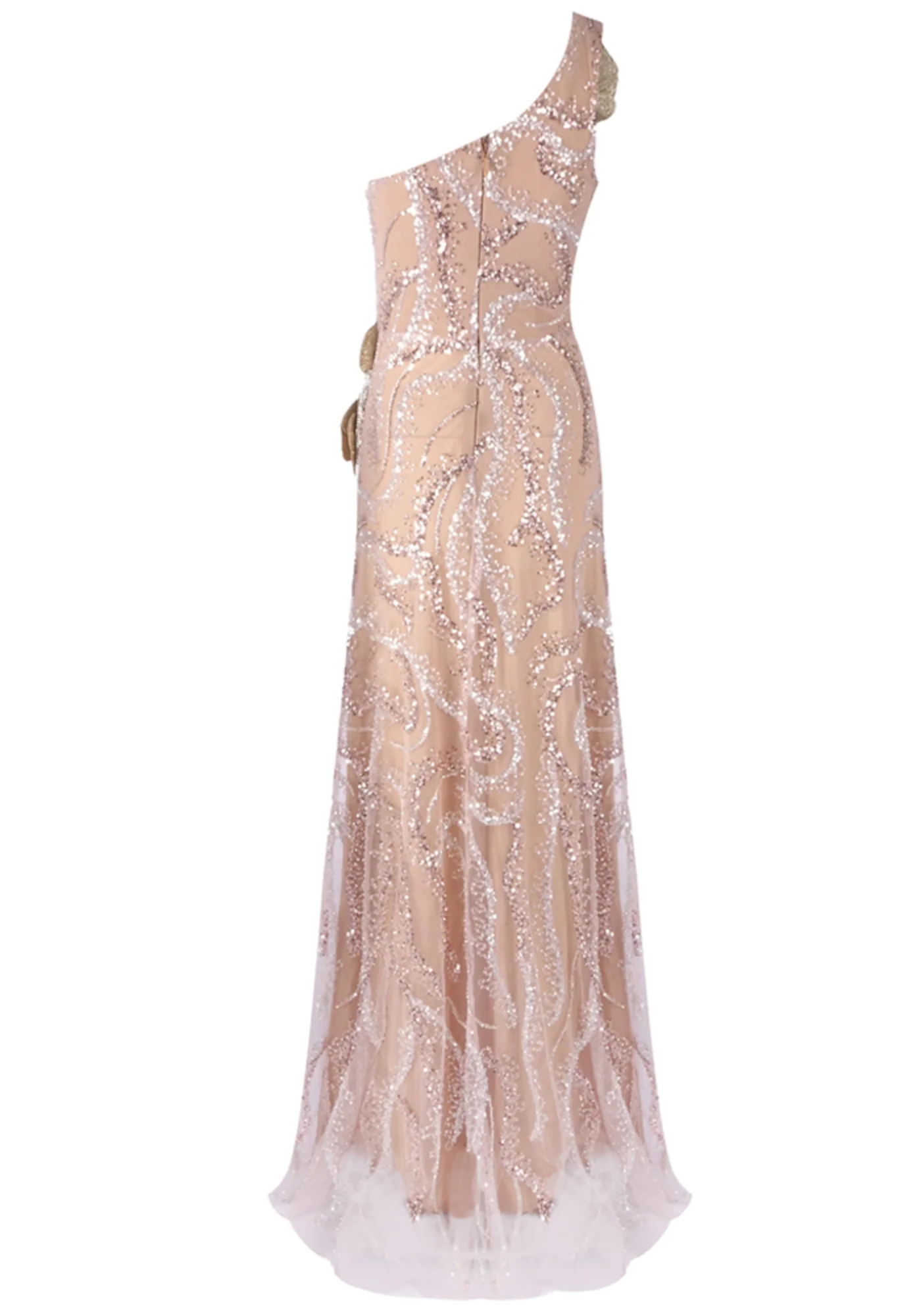 Nude Sequin One Shoulder Maxi Dress - Elegant Floral Design