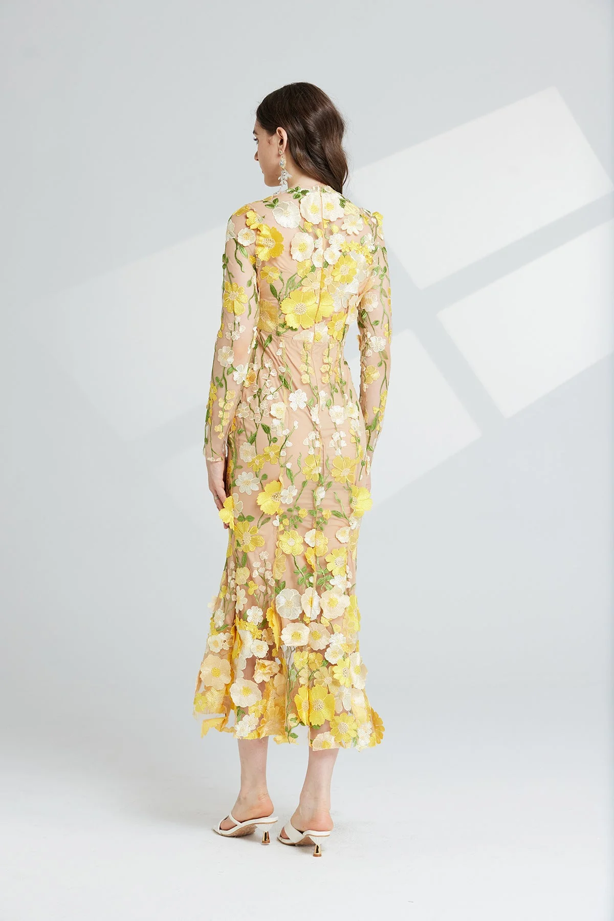 Yellow Floral Embroidery Sheer Mesh Fishtail Midi Dress