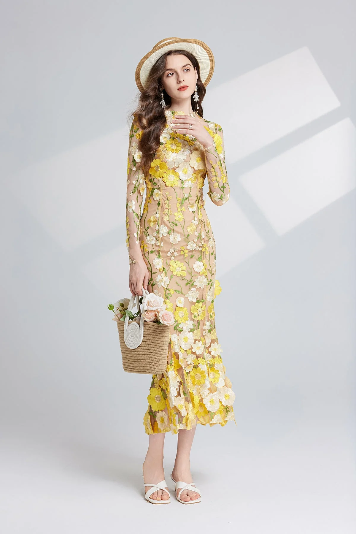 Yellow Floral Embroidery Sheer Mesh Fishtail Midi Dress