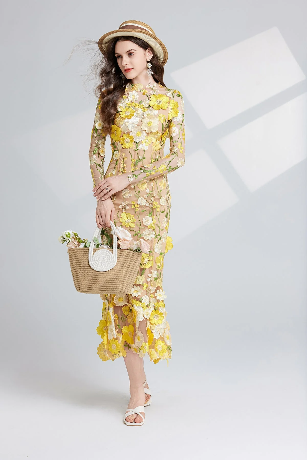 Yellow Floral Embroidery Sheer Mesh Fishtail Midi Dress