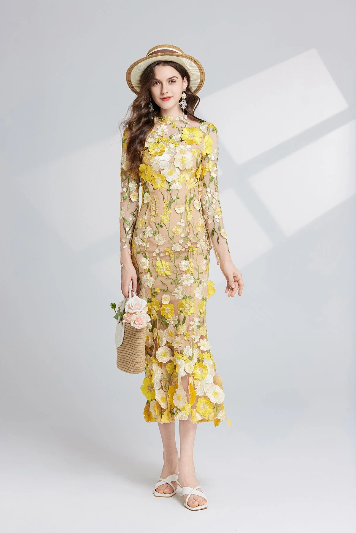 Yellow Floral Embroidery Sheer Mesh Fishtail Midi Dress