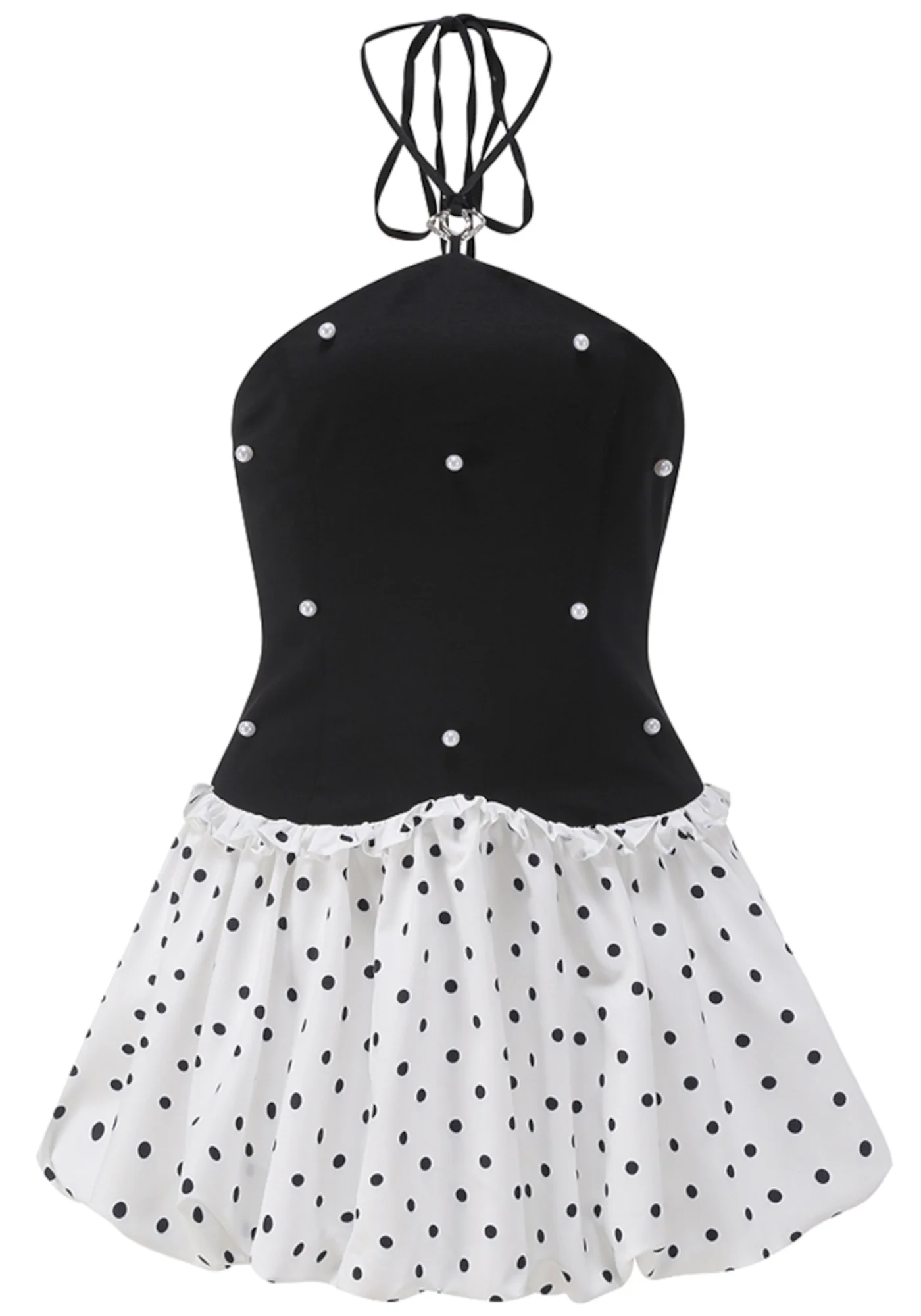 Black White Polka Dot Puff Mini Dress with Pearls
