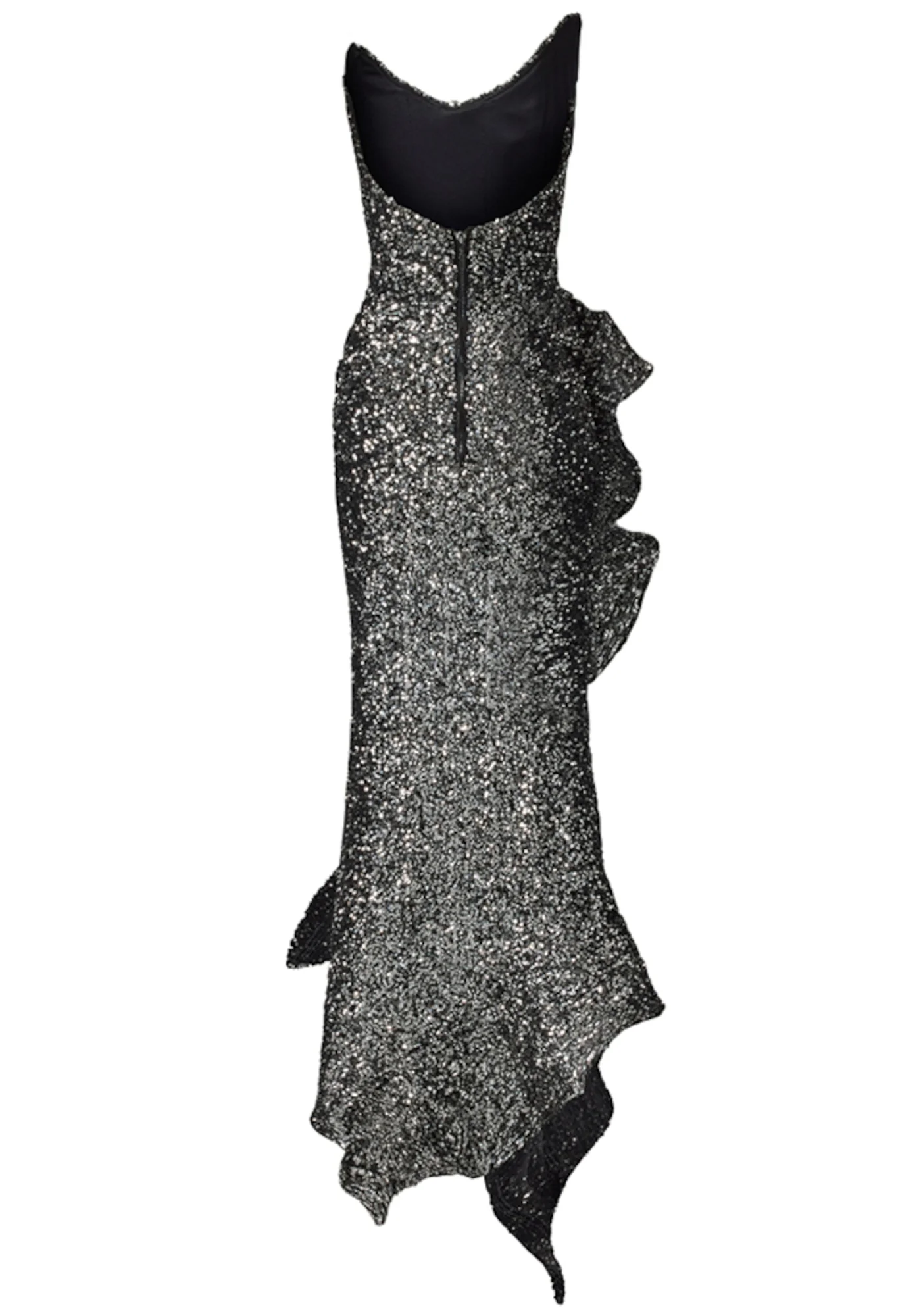 Silver Sequin Ruffle Maxi Dress - Elegant Strapless Design