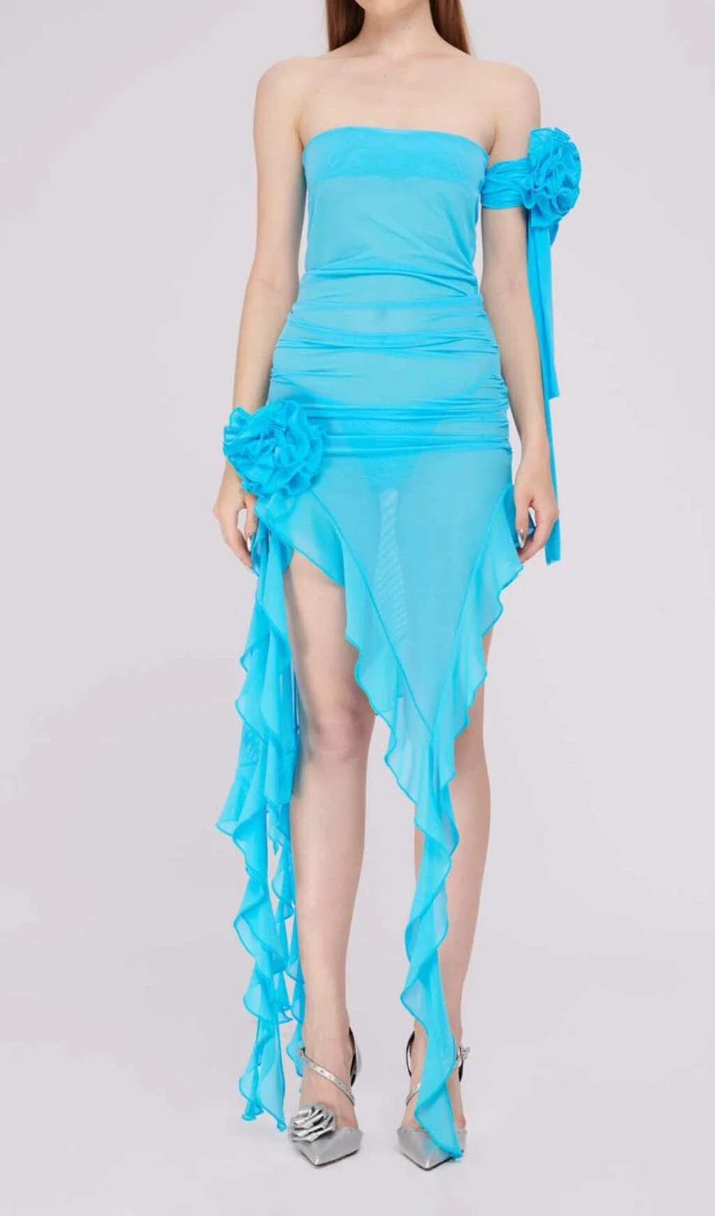Blue Mesh Rosette Ruffle Midi Dress