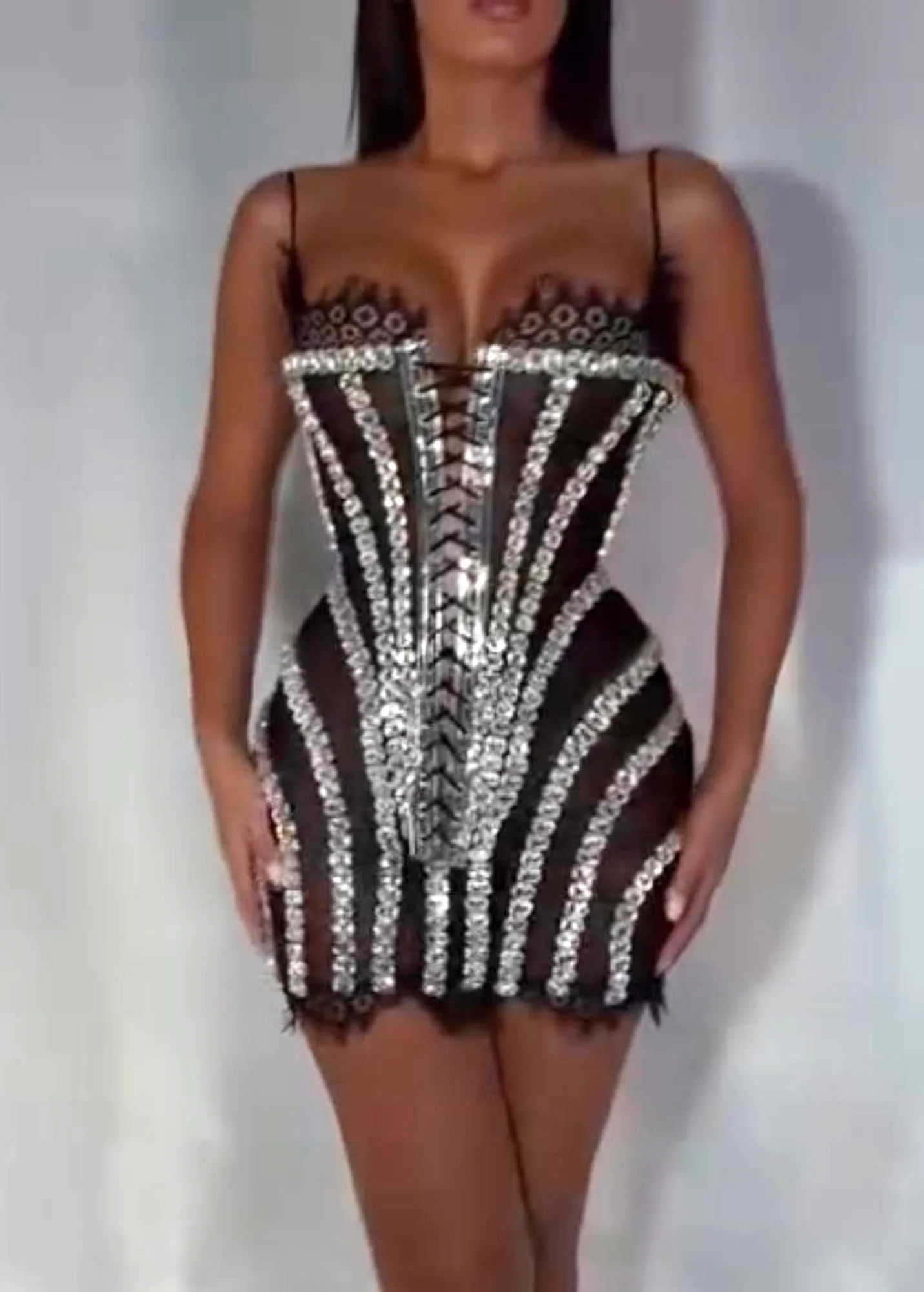 Black Crystal Lace-Up Corset Mini Dress