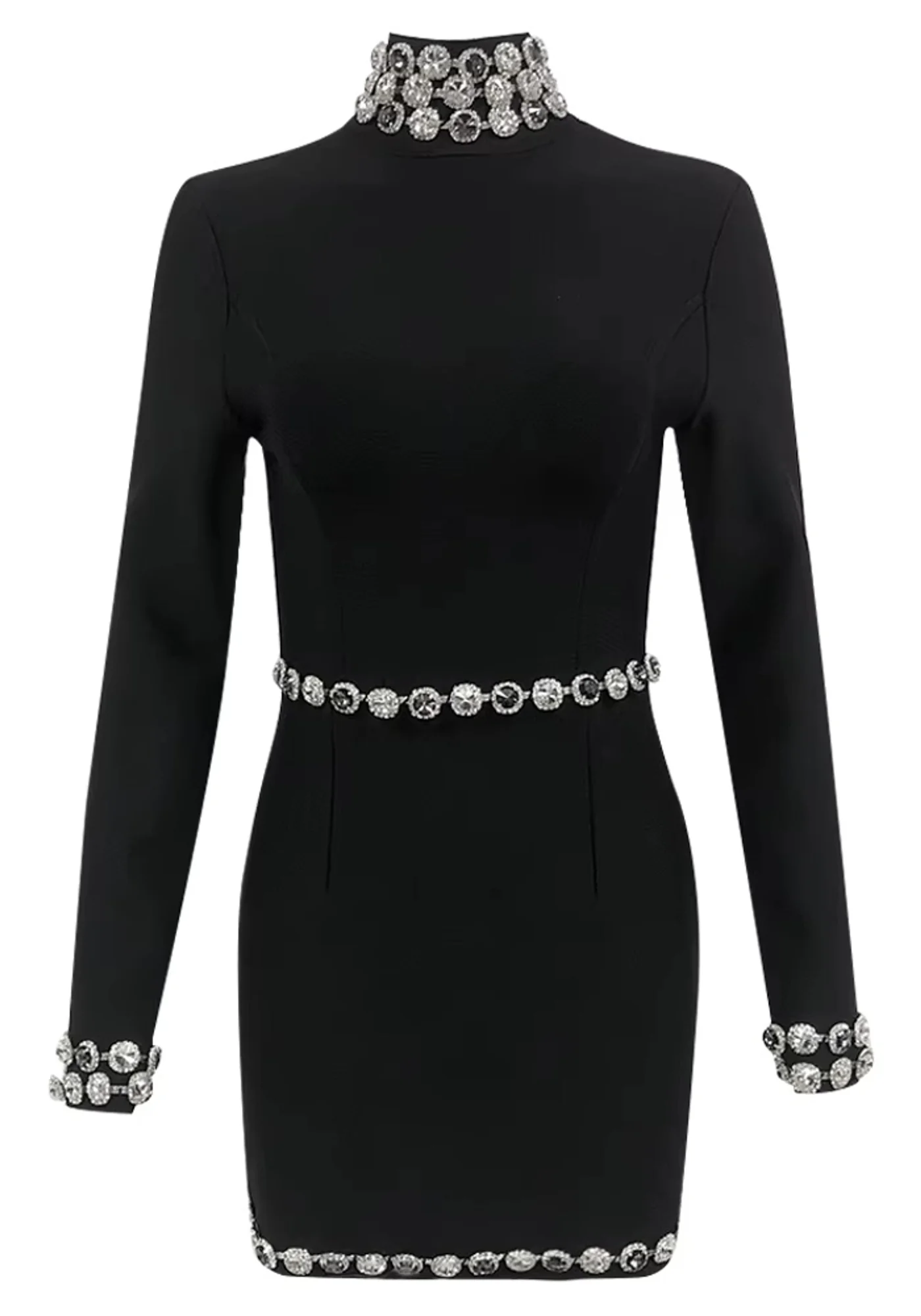 Black Crystal Embellished Long Sleeve Mini Dress