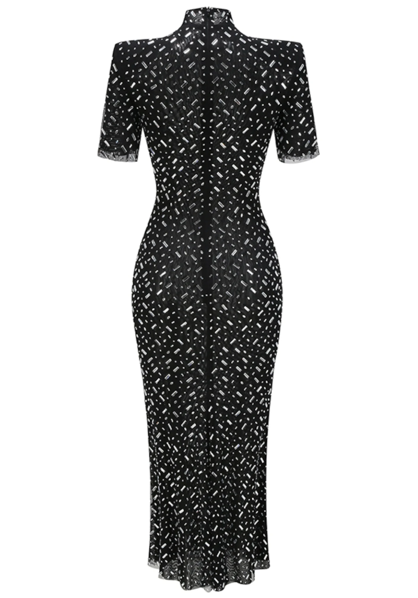 Black Crystal Mesh Maxi Dress with Short Sleeves