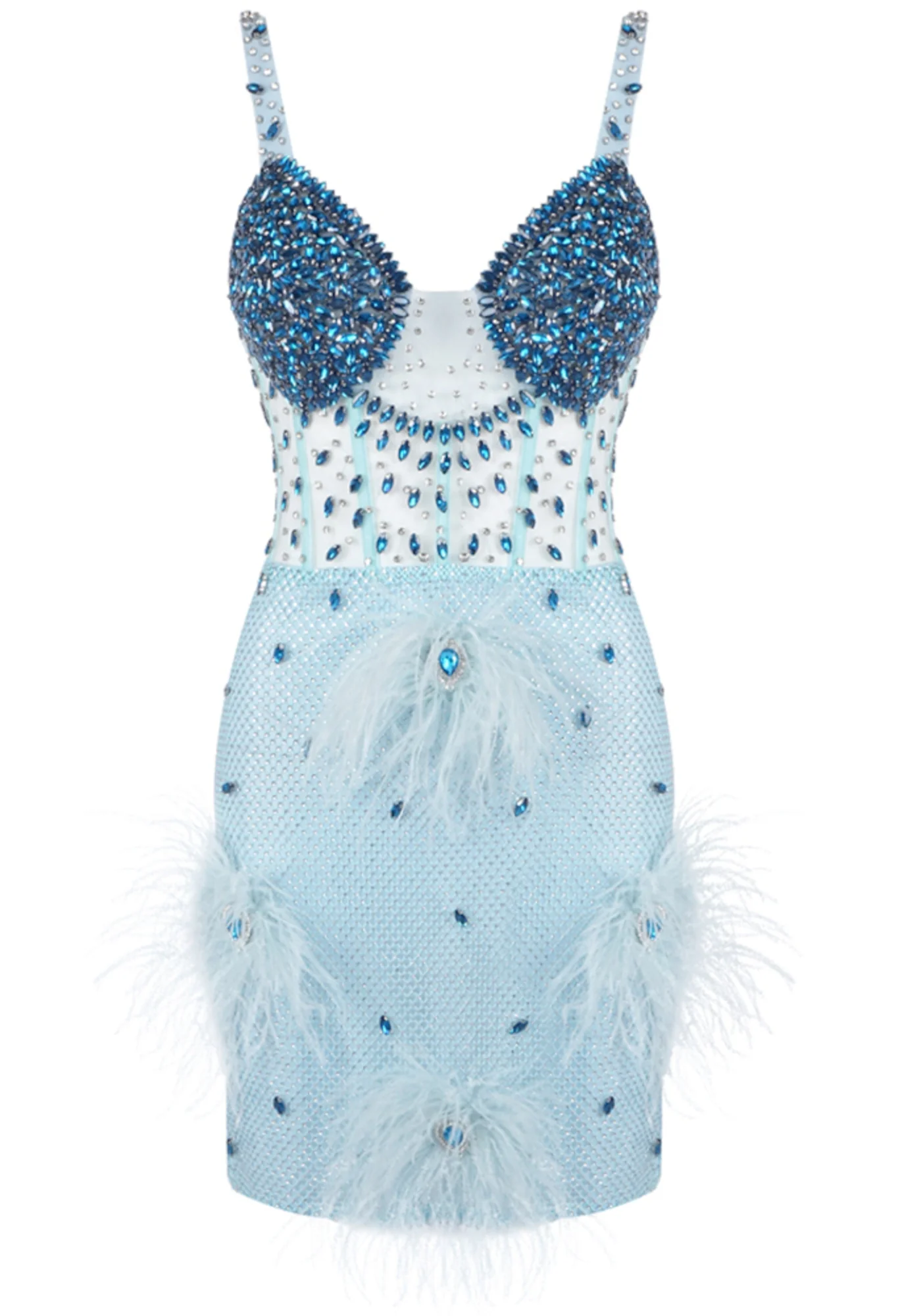 Blue V-Neck Crystal Feather Bustier Mini Dress