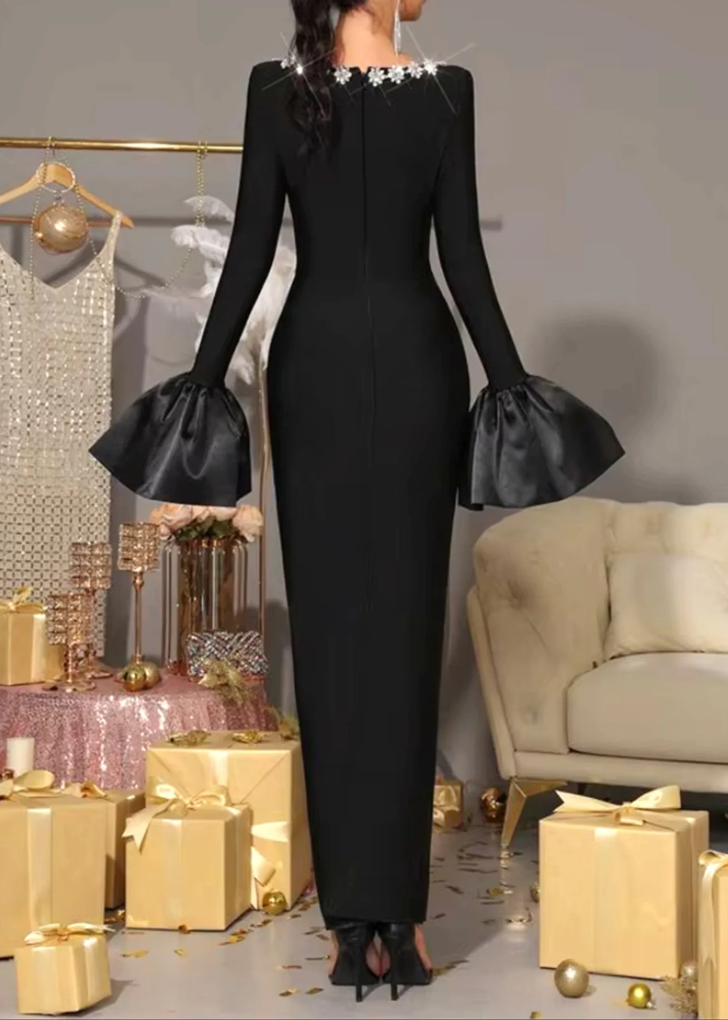 Black Crystal Neckline Maxi Dress