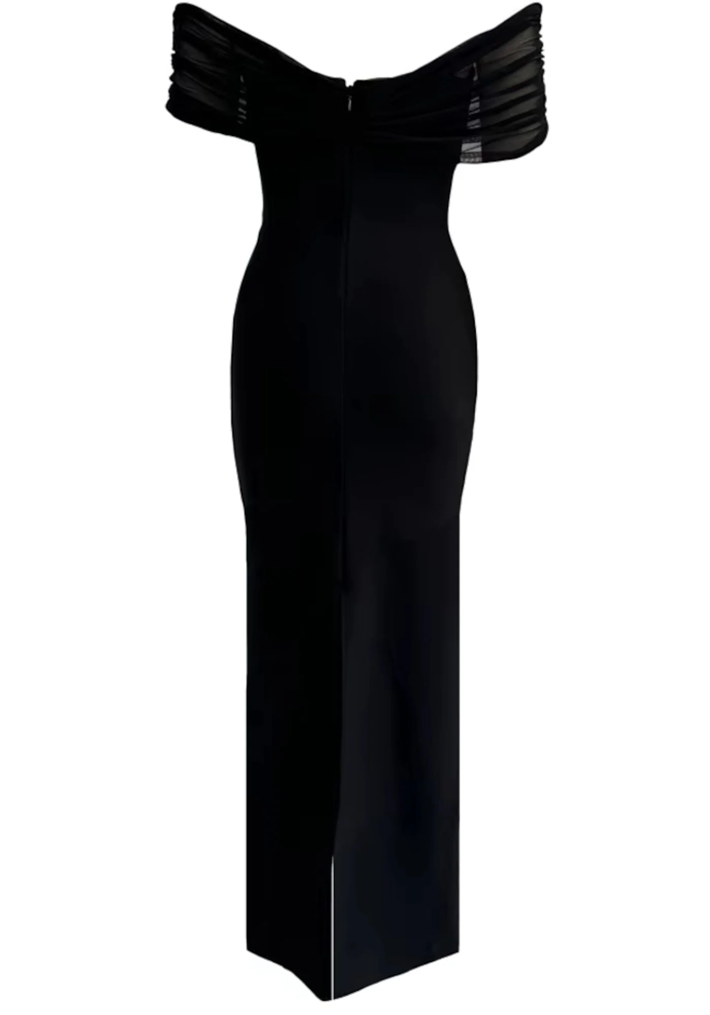 Black Crystal Draped Off-Shoulder Maxi Dress with Rhinestones