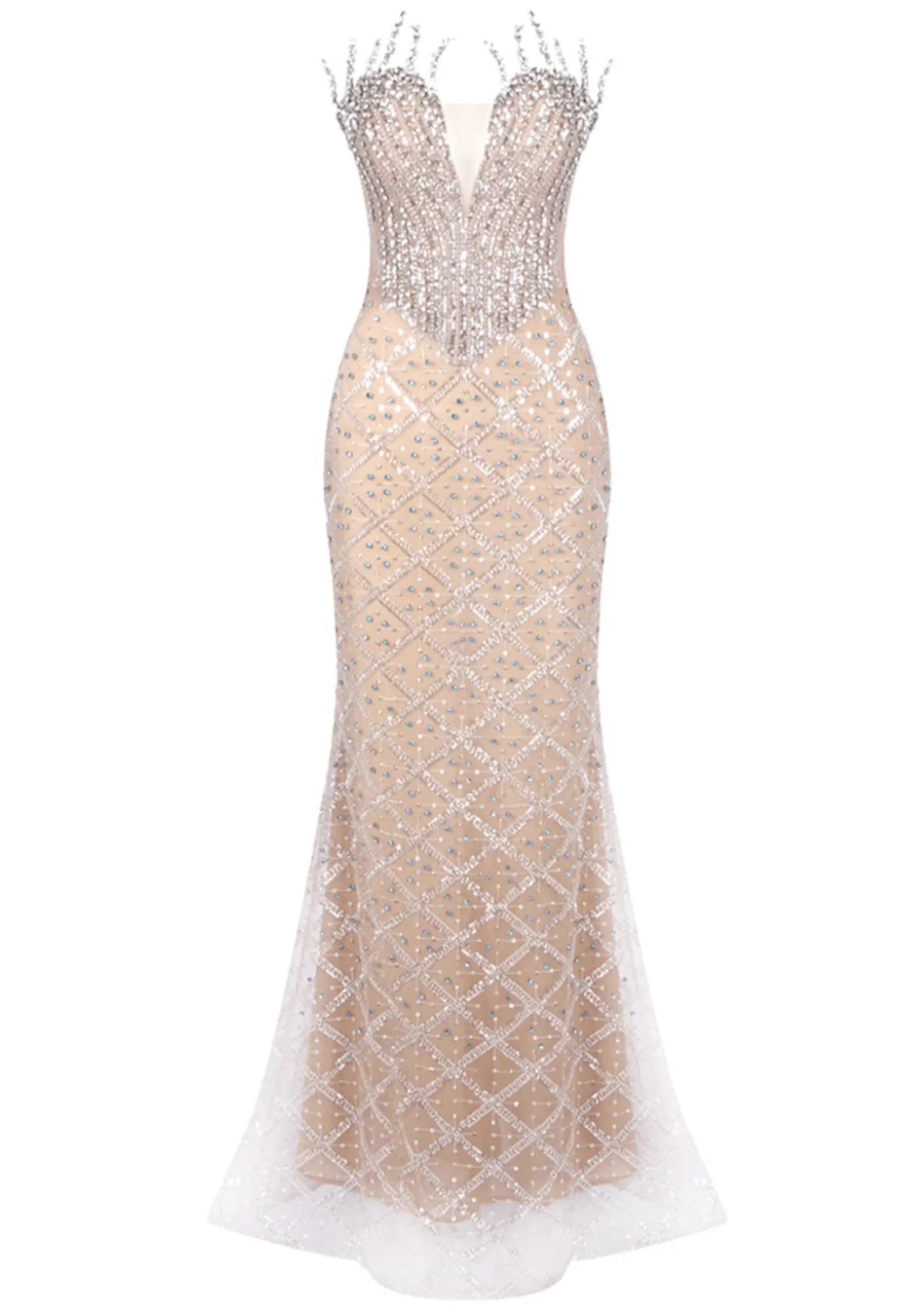 Nude Crystal Sequin Bustier Maxi Dress - Strapless Elegant Design
