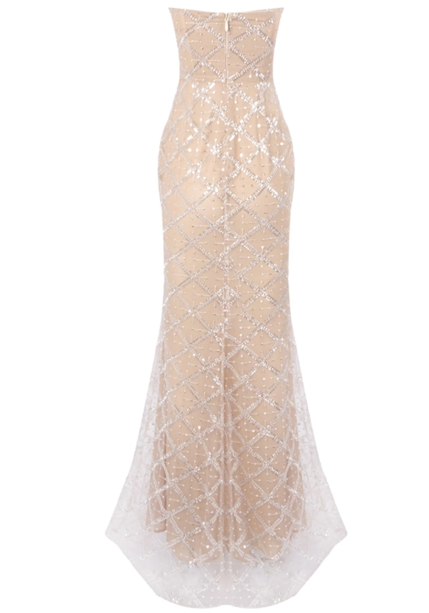 Nude Crystal Sequin Bustier Maxi Dress - Strapless Elegant Design