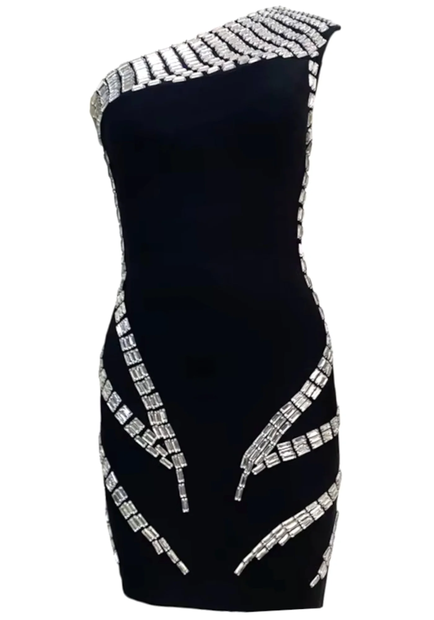 Black Crystal One Shoulder Mini Dress - Elegant Evening Wear
