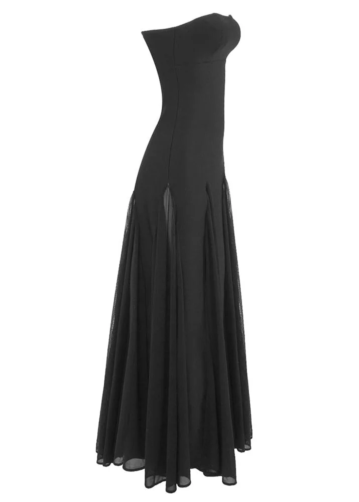 Black Strapless A-Line Maxi Dress with Mesh Insert