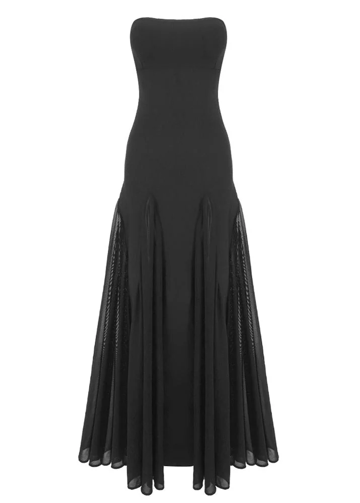 Black Strapless A-Line Maxi Dress with Mesh Insert