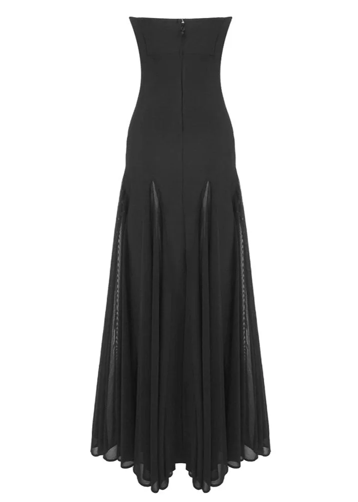 Black Strapless A-Line Maxi Dress with Mesh Insert