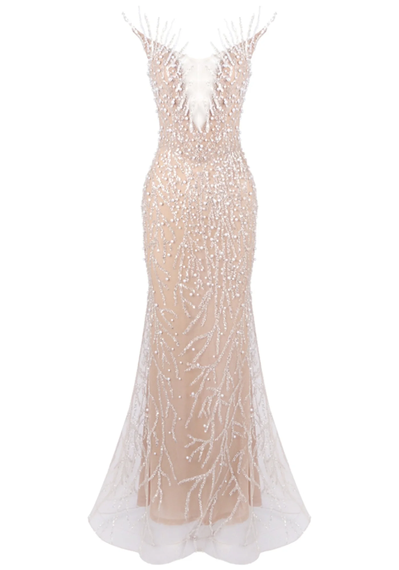 Nude Crystal Pearl Sequin Maxi Dress with Strapless Design