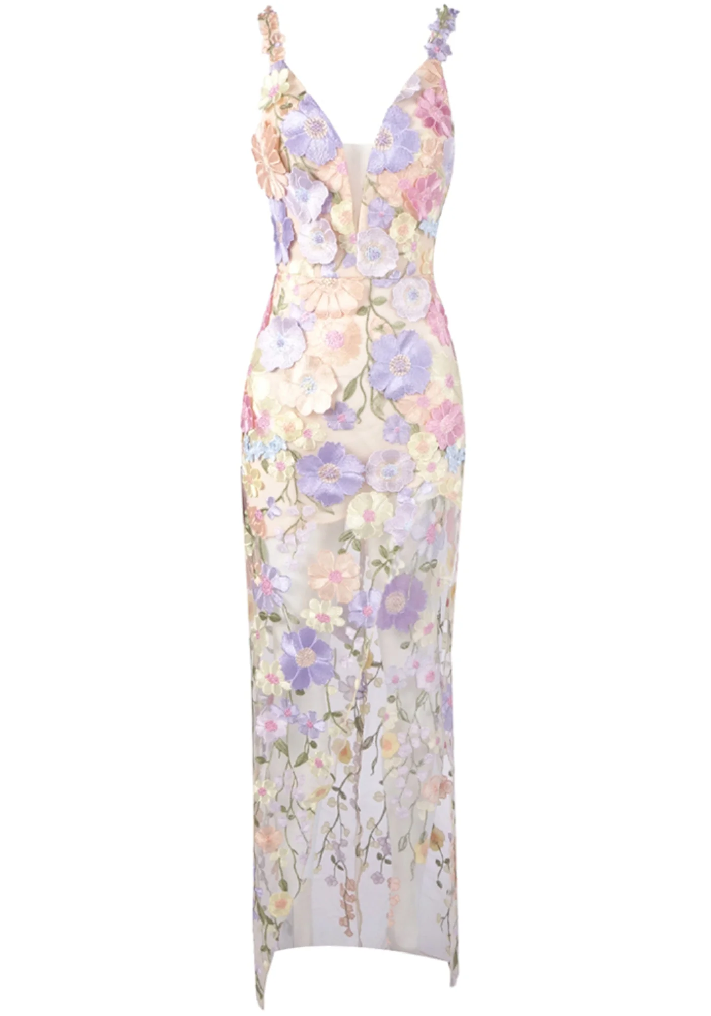 Lavender Floral Embroidered Maxi Dress with V-Neck