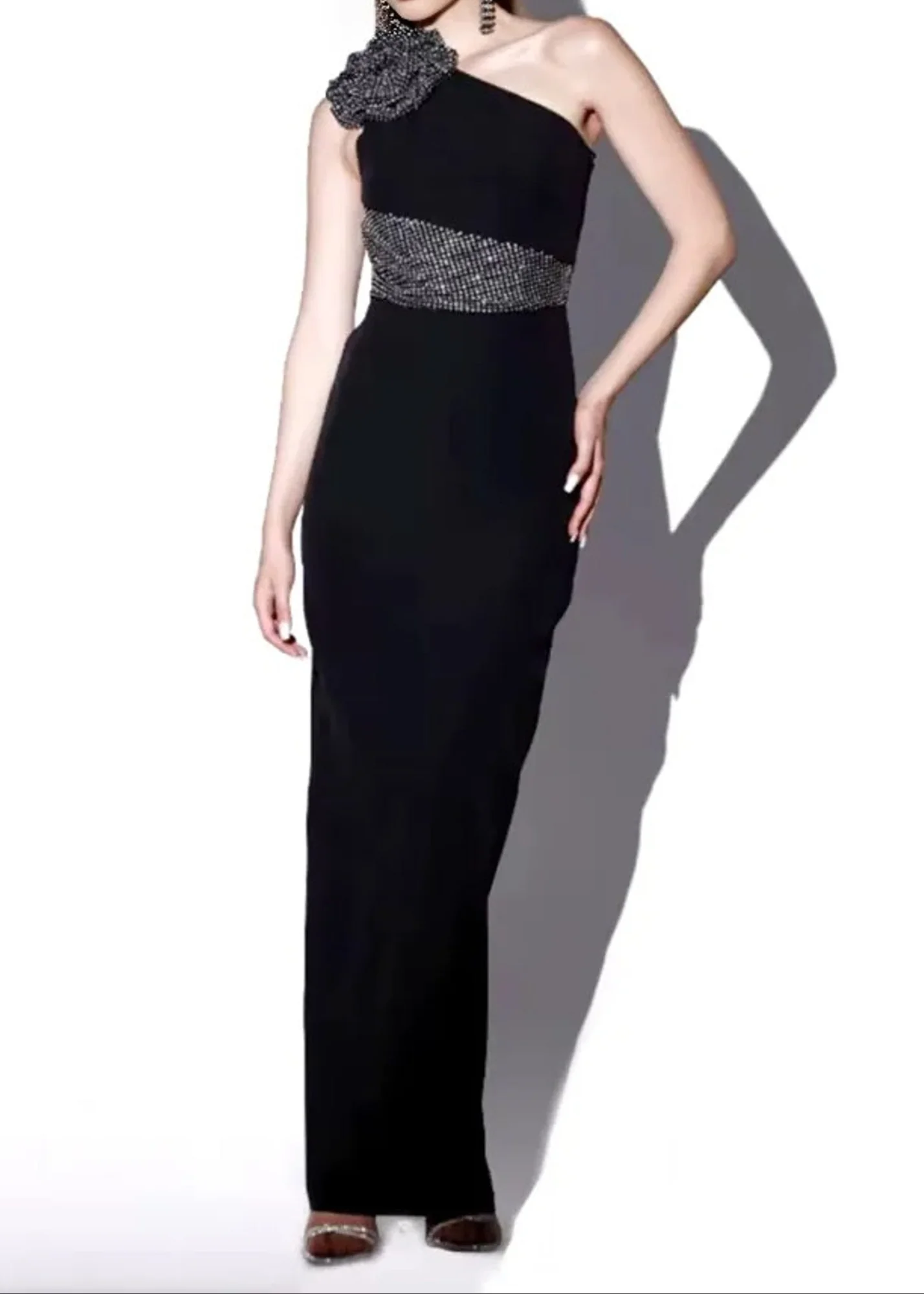 Black One Shoulder Floral Detail Maxi Dress