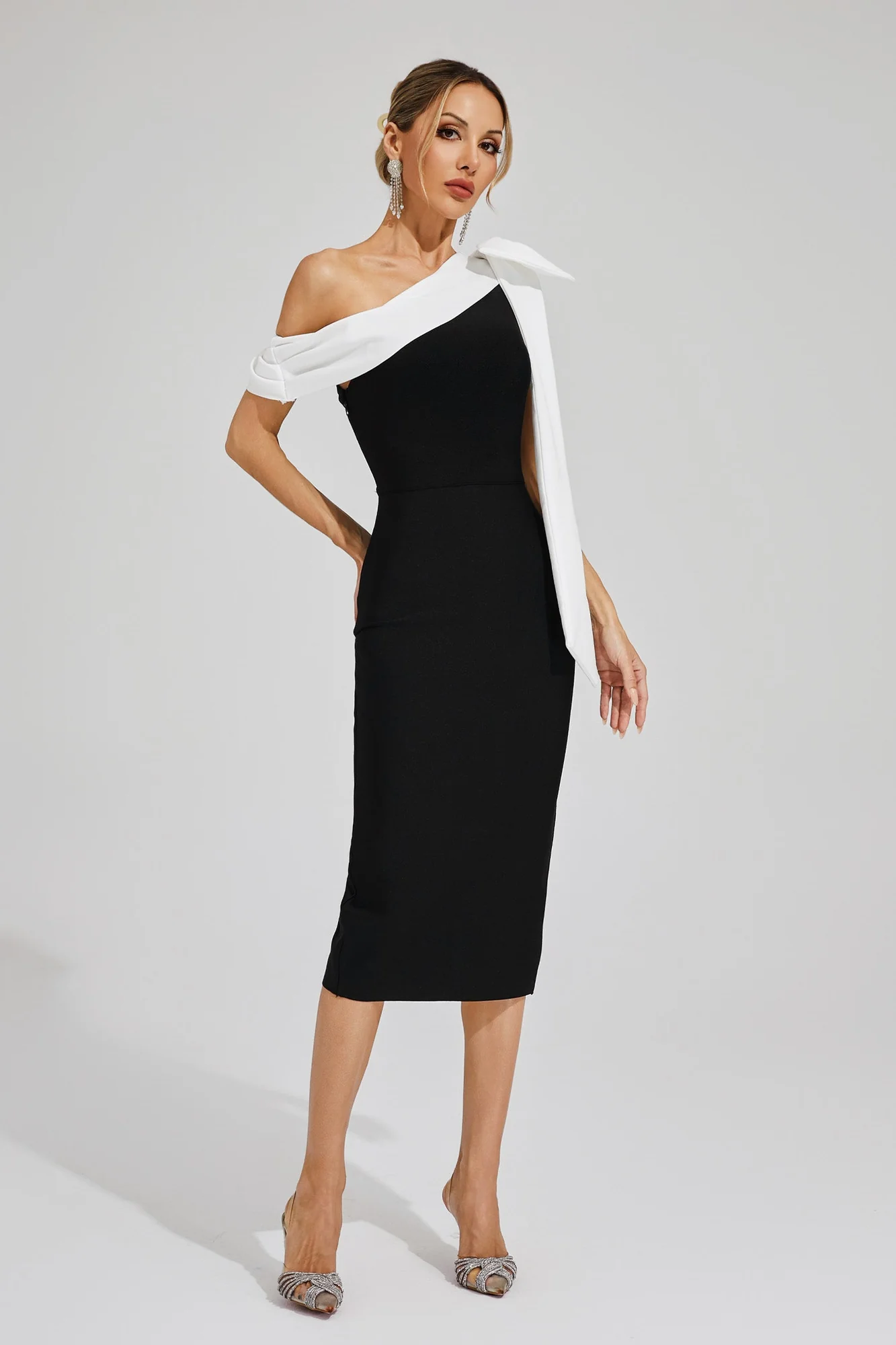 Black One Shoulder Bandage Dress with White Bow Detail