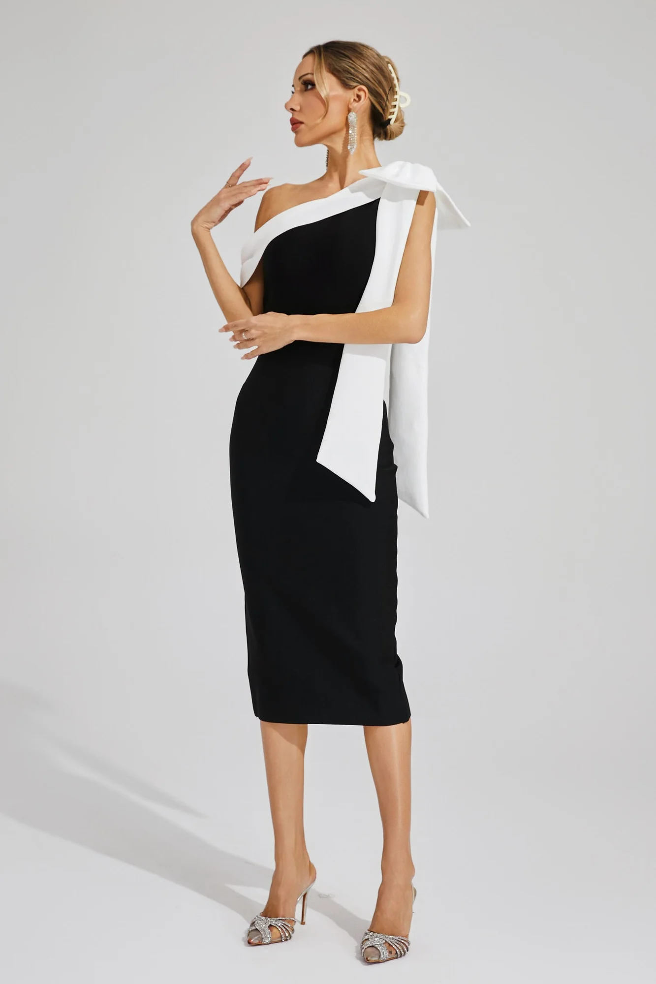 Black One Shoulder Bandage Dress with White Bow Detail