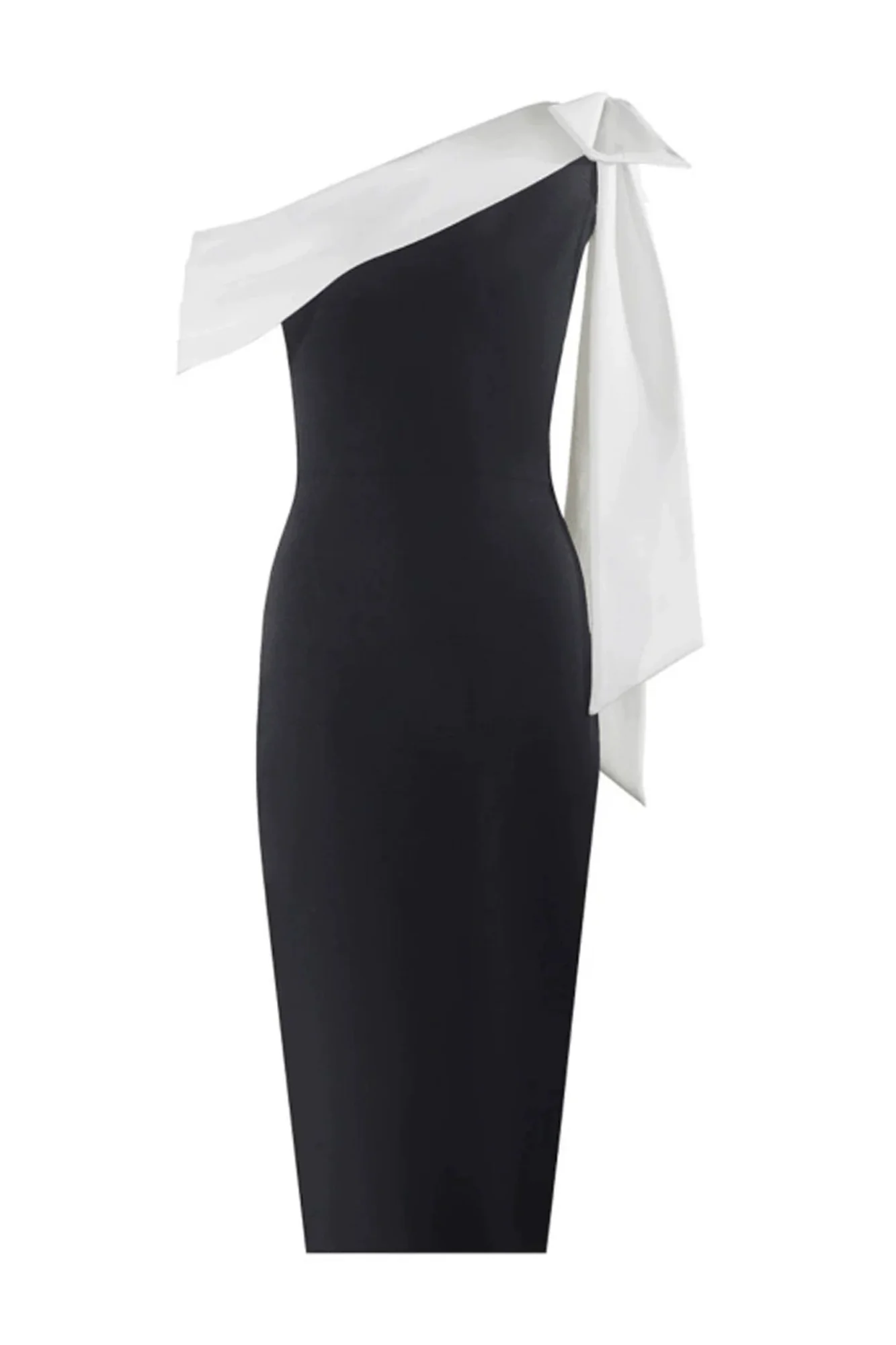 Black One Shoulder Bandage Dress with White Bow Detail