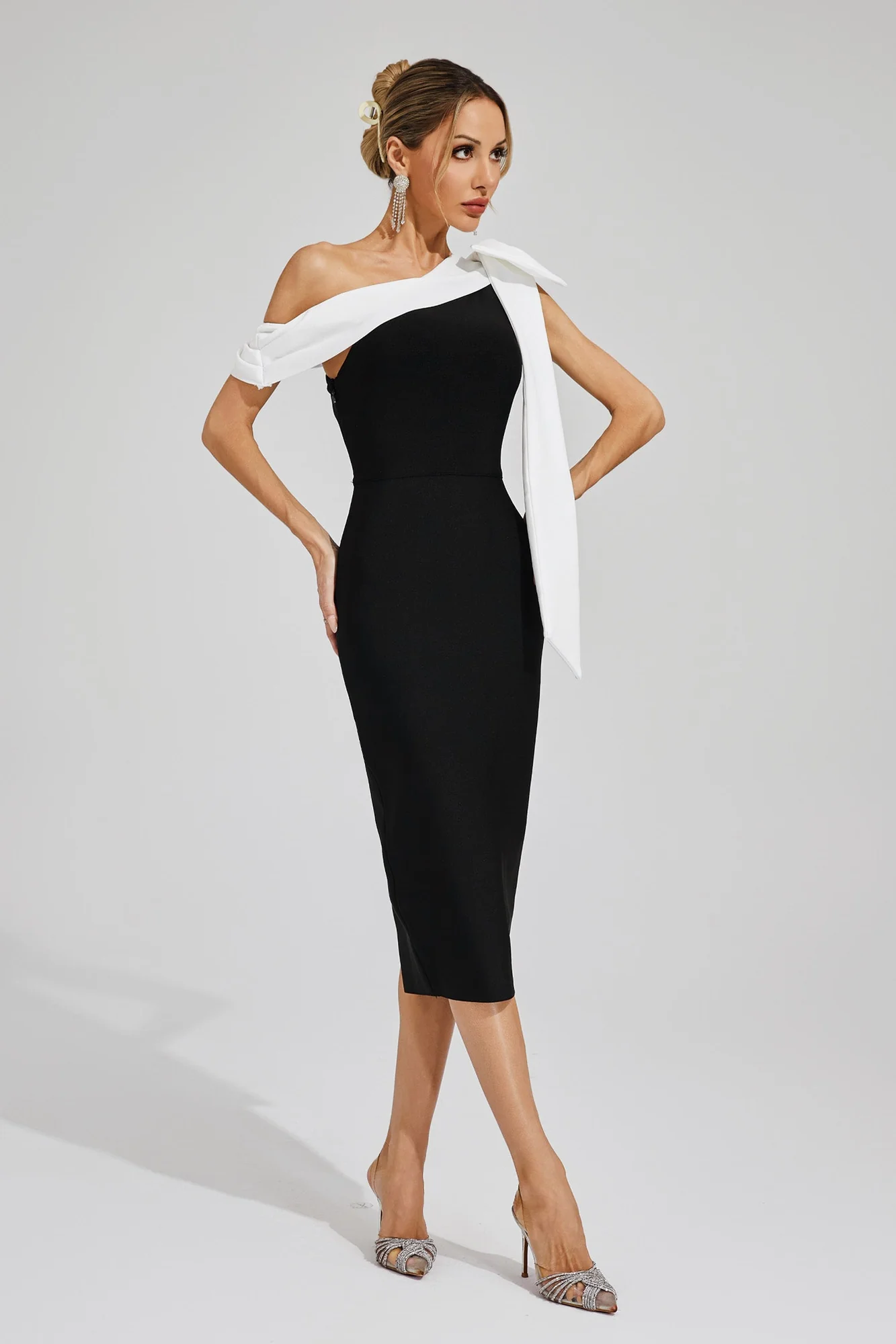 Black One Shoulder Bandage Dress with White Bow Detail