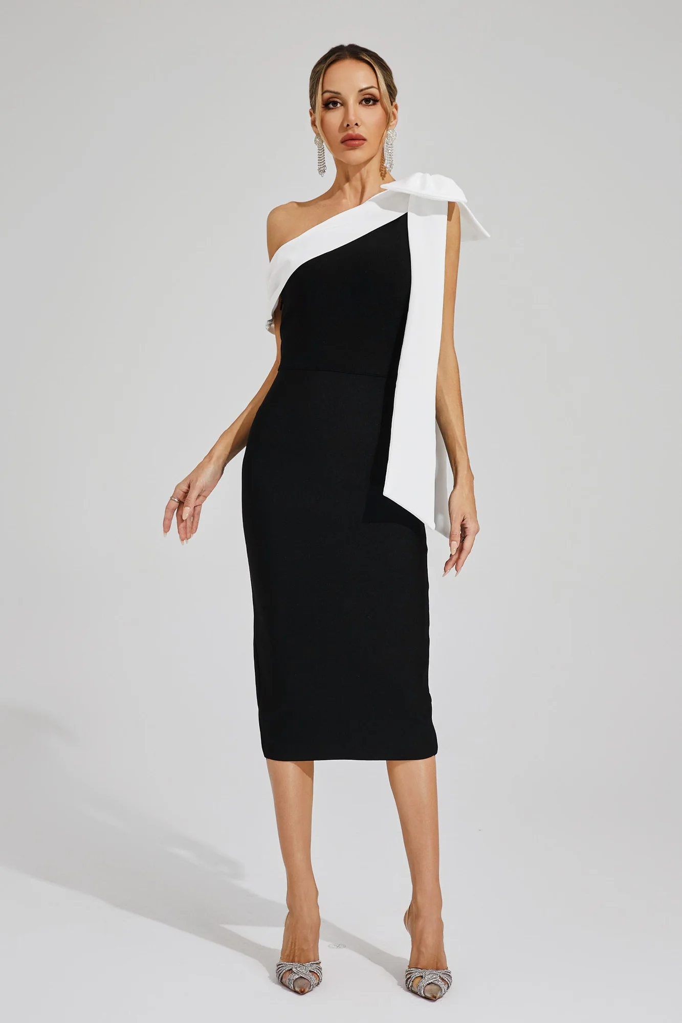 Black One Shoulder Bandage Dress with White Bow Detail