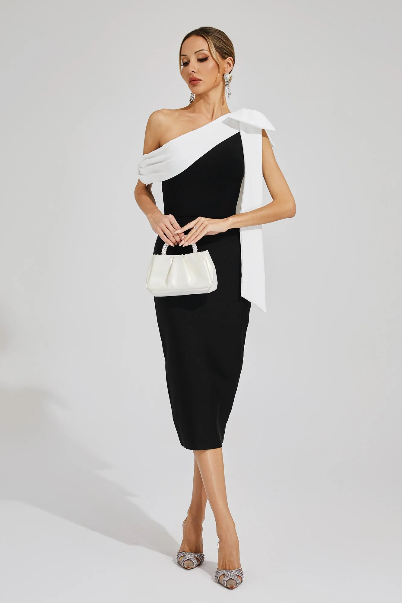 Black One Shoulder Bandage Dress with White Bow Detail