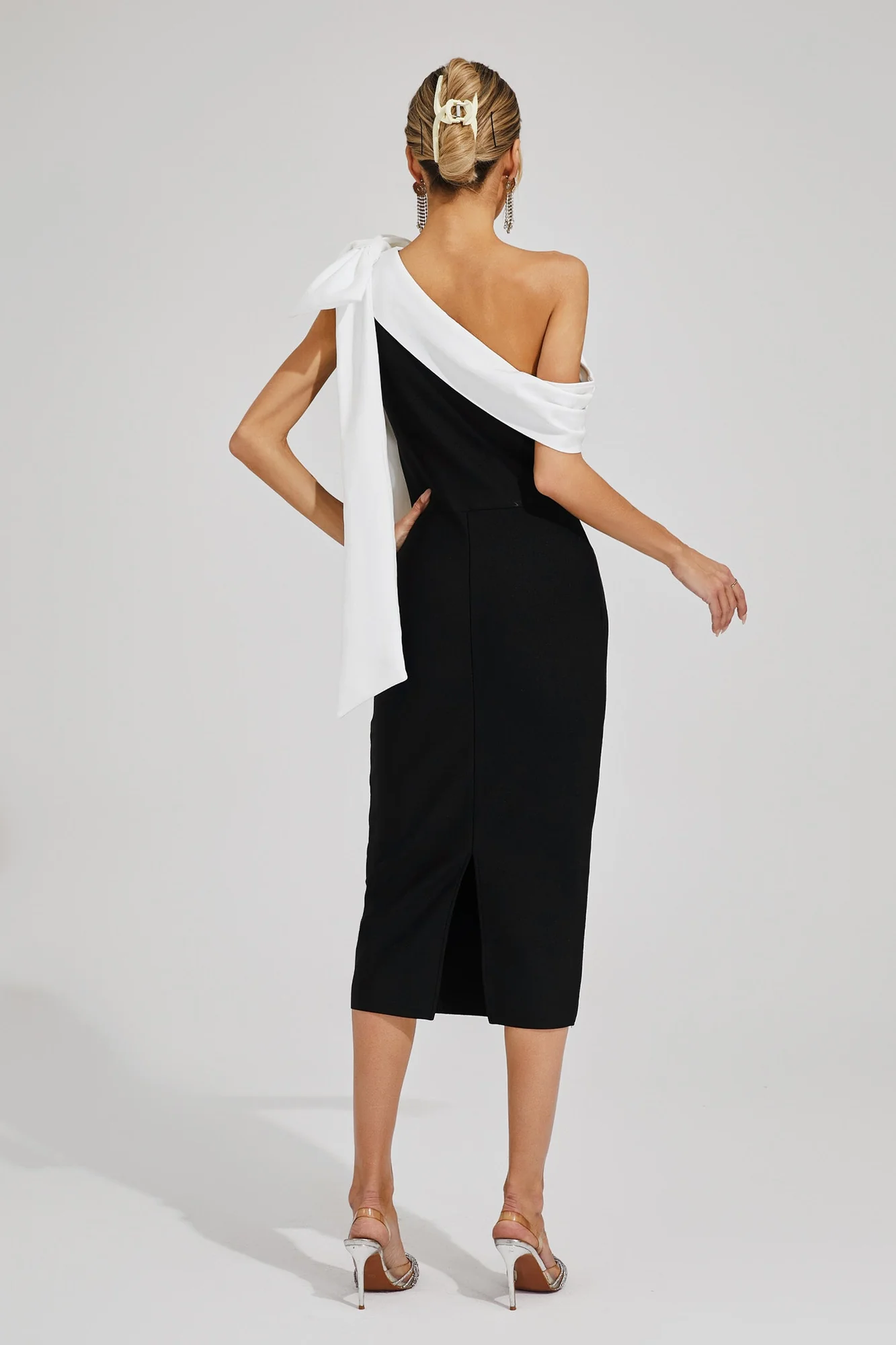 Black One Shoulder Bandage Dress with White Bow Detail