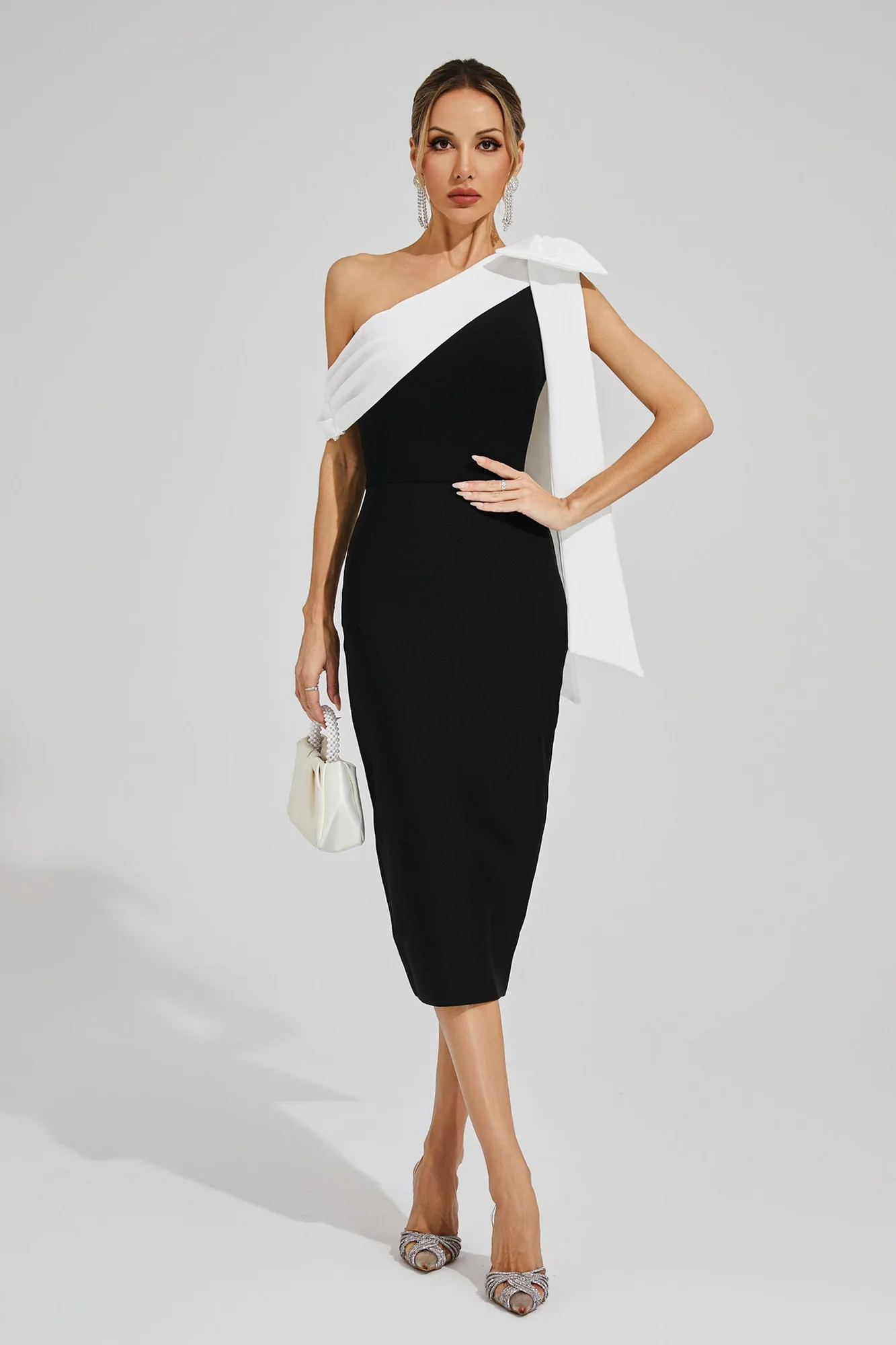 Black One Shoulder Bandage Dress with White Bow Detail